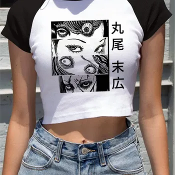 יבול חולצות טי-שירט חדש אנימה איטו Junji טי-שירט נשים Harajuku Kawaii קוריאה מזדמן Kawaii Y2K לבן טלאים חולצה