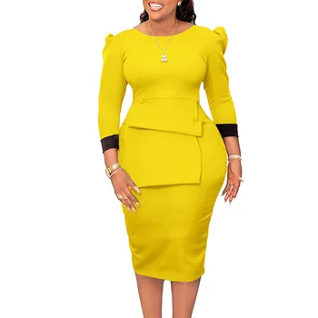 אפריקה עיפרון שמלת נשים 3/4 השרוול גבוה המותניים אורך הברך גלימות אופנה חדשה טלאים אלגנטי משרד ליידי אפריקה השמלה 2023
