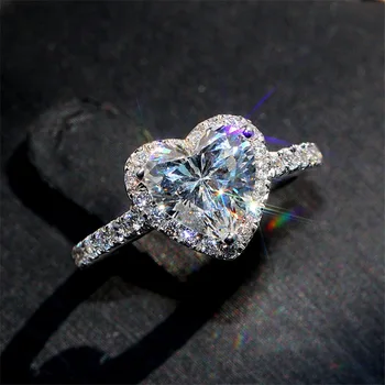 הלב טבעות לנשים צבע כסף חתונה אירוסין תכשיטי כלה זרקונים אבן אלגנטי הטבעת אביזרים e1020