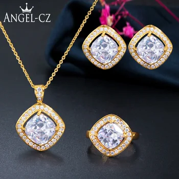 ANGELCZ מקסים, זהב צהוב צבע הגברת 3Pcs תכשיטים לסלול הגדרת AAA זרקונים קוריאנית עגילים, שרשרת, טבעת סט AJ229
