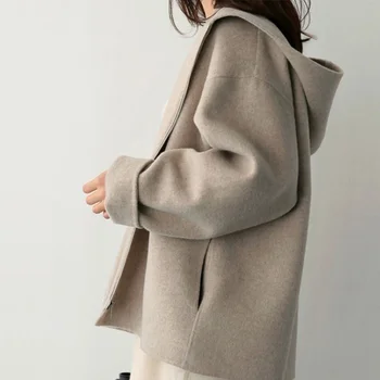 אופנה קוריאנית 2023 חדש עם ברדס מעיל צמר נשים קצרים חופשי מוצק צבע מזדמנים נשים בגדי נשים כותנה מעיל מינימליזם