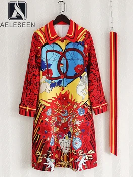 AELESEEN מסלול אופנה נשים זמן טרנץ ' אדום פרח הדפסה אחת עם חזה סתיו חורף חגורה אלגנטית מעיל מעיל רוח