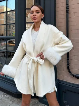 אלגנטי לאישה סתיו חורף ארוך מעילים Outerwears עם חגורה 2023 High Street Turn-למטה צווארון פרווה טלאים שרוול צמר מעיל