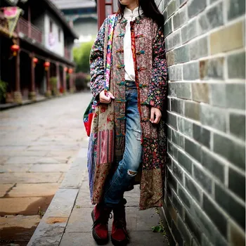 T משלוח חינם בציר כותנה פשתן ארוך אמצע עגל נשים מעיל פרח חופשי בסגנון סיני הלבשה עליונה שרוול ארוך טלאים שמלות