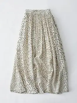 אלגנטי בצבע בז ' עם קפלים אלסטי המותניים כיסים חצאיות ארוכות נשים קיץ חצאית גבוהה המותניים נקודה Midi פסטיבל למסיבה חצאית נשית צרפתית