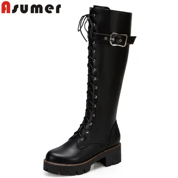 Asumer גודל 33-43 מלאכותית עור עבה עקבים גבוהים הברך, מגפיים גבוהים נעלי נשים אופנה חדשה מגפי סתיו חורף נעליים