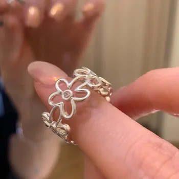 קוריאני אופנה וינטג ' קריסטל חלול פרח מתכוונן טבעת פתוחה לנשים אסתטיות אישיות Y2K תכשיטים אביזרים מתנה