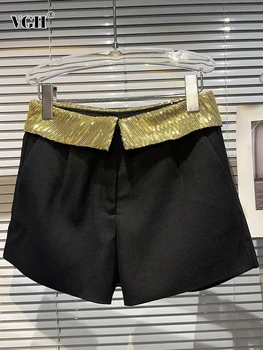 VGH Colorblock משולבים פאייטים מזג מכנסיים קצרים לנשים גבוהה המותניים חופשי טלאים מכנסיים קצרים נקבה בגדי אופנה חדש