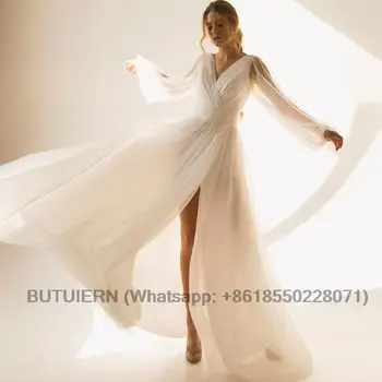 פשוט 2023 סקסית V-צוואר שרוול ארוך שסף קפלים קו נצנצים טול שמלת כלה שמלות כלה Vestido De Noiva