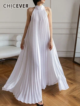 CHICEVER Oversize קפלים שמלות לנשים הקולר שרוולים להוריד כתף גבוהה המותניים מוצק מקרית הקיץ השמלה הנשית החדשה.