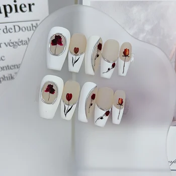 צרפתי מצוירים ביד רוז לחץ על ציפורניים מגניבות, סגנון אלגנטי עם מראה אפקט 3D הקלה Emmabeauty החנות.לא.24105