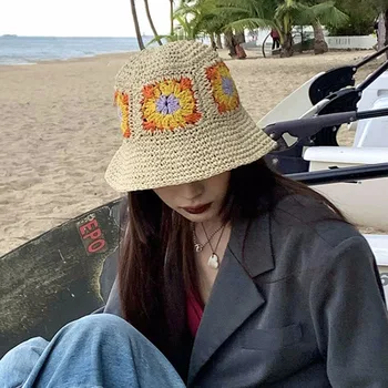 קיץ החוף הקוריאני כובע קש נשים מגן דלי כובע הדייגים הכובע ביד אריגה פנמה ילדה דיג הכובע כובע השמש לנשים