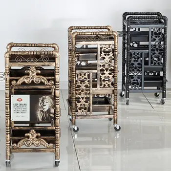 רטרו מגולף סלון עגלות מספרה עיצוב שיער, כלי עגלת ברזל פשוטים אמנות ארון עם גלגלים יצירתי סלון הרהיטים בבית